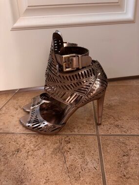 BCBG Metallic Silver Laser-Cut High Heel Sandals
